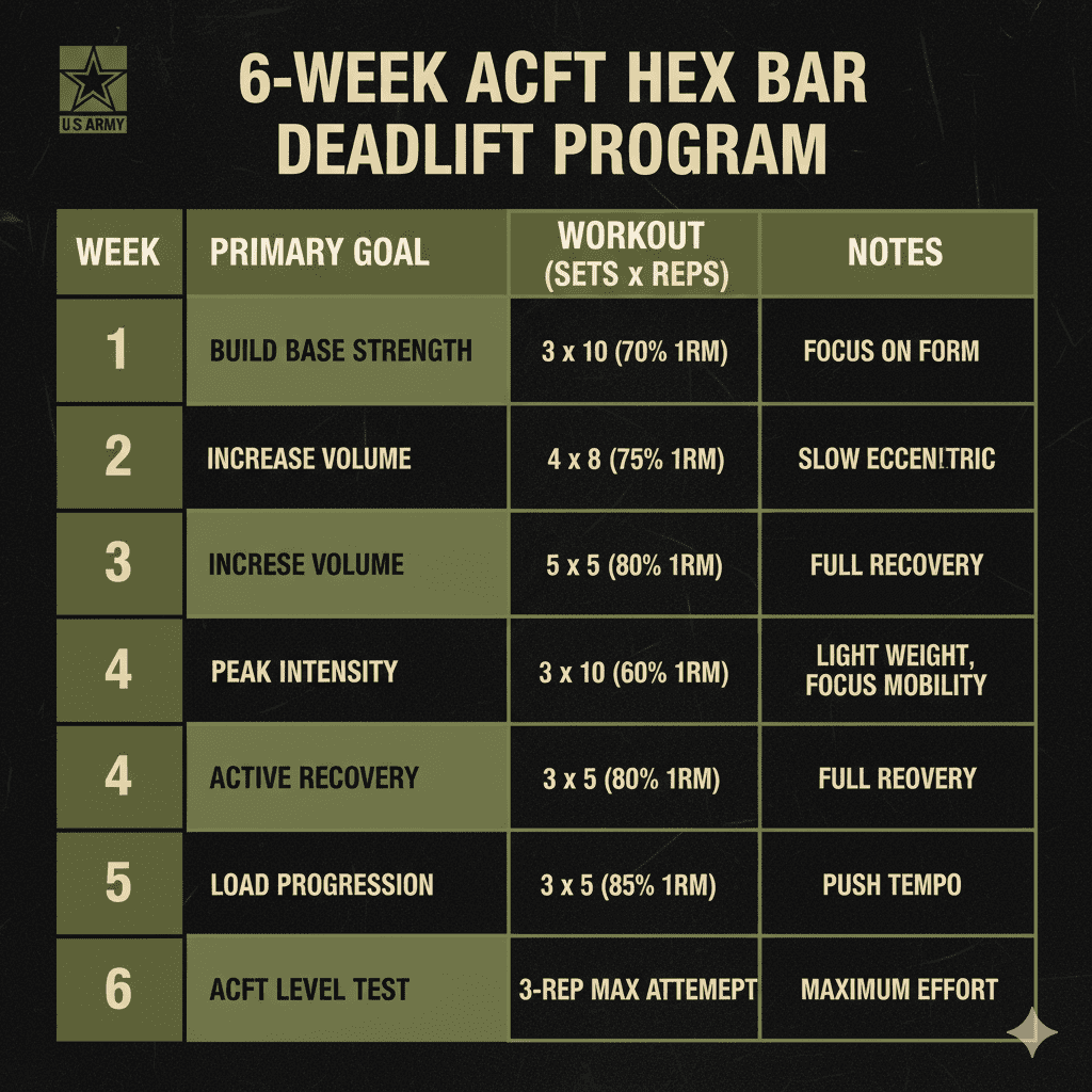Infographic of a 6-week ACFT deadlift training plan to improve strength and performance