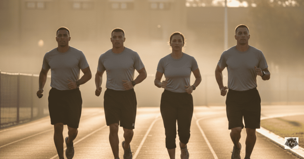 A diverse group of U.S. Army soldiers running together in formation on a track during an Army Fitness Test morning session.