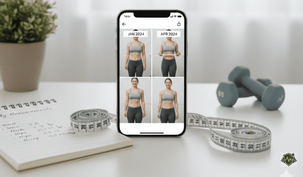 A clean desk setup featuring a smartphone showing progress photos alongside a measuring tape, capturing the tracking phase of how to calculate body fat at home.
