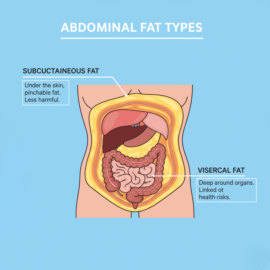 A medical infographic of the midsection illustrating the difference between subcutaneous fat (stored just under the skin) and visceral fat (deep belly fat surrounding internal organs), with clear labels for each.
