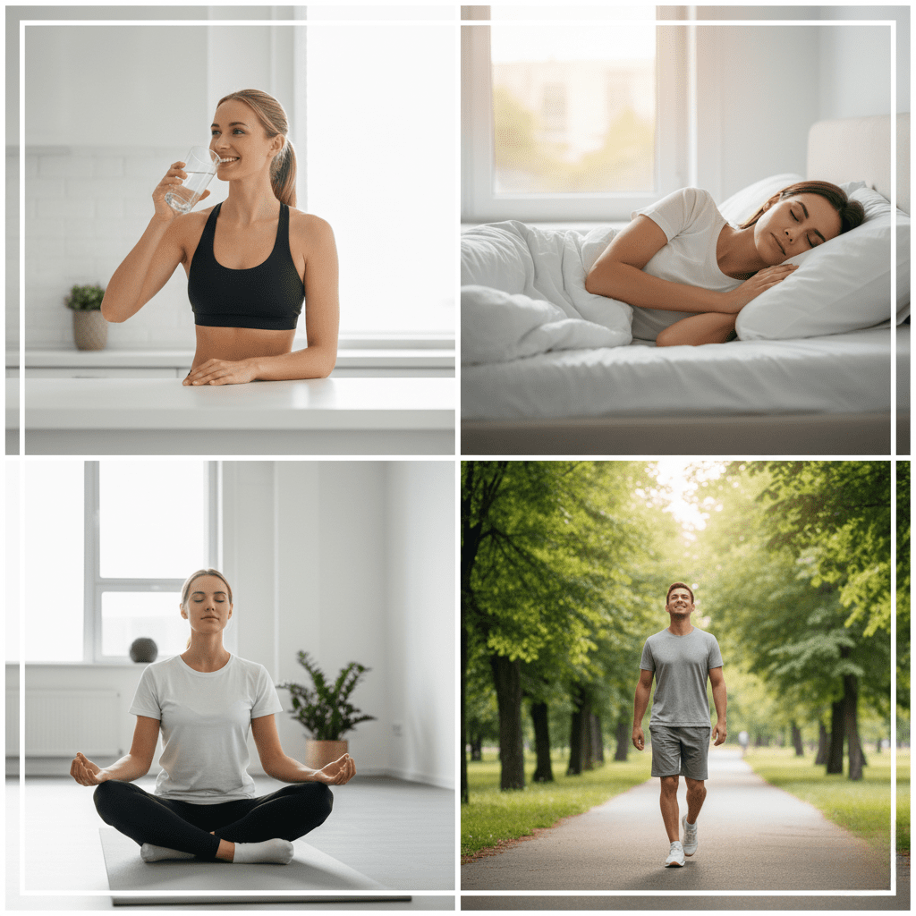 A lifestyle collage showcasing positive habits for metabolic health: drinking water, sleeping peacefully, meditating, and walking outdoors to help burn belly fat naturally