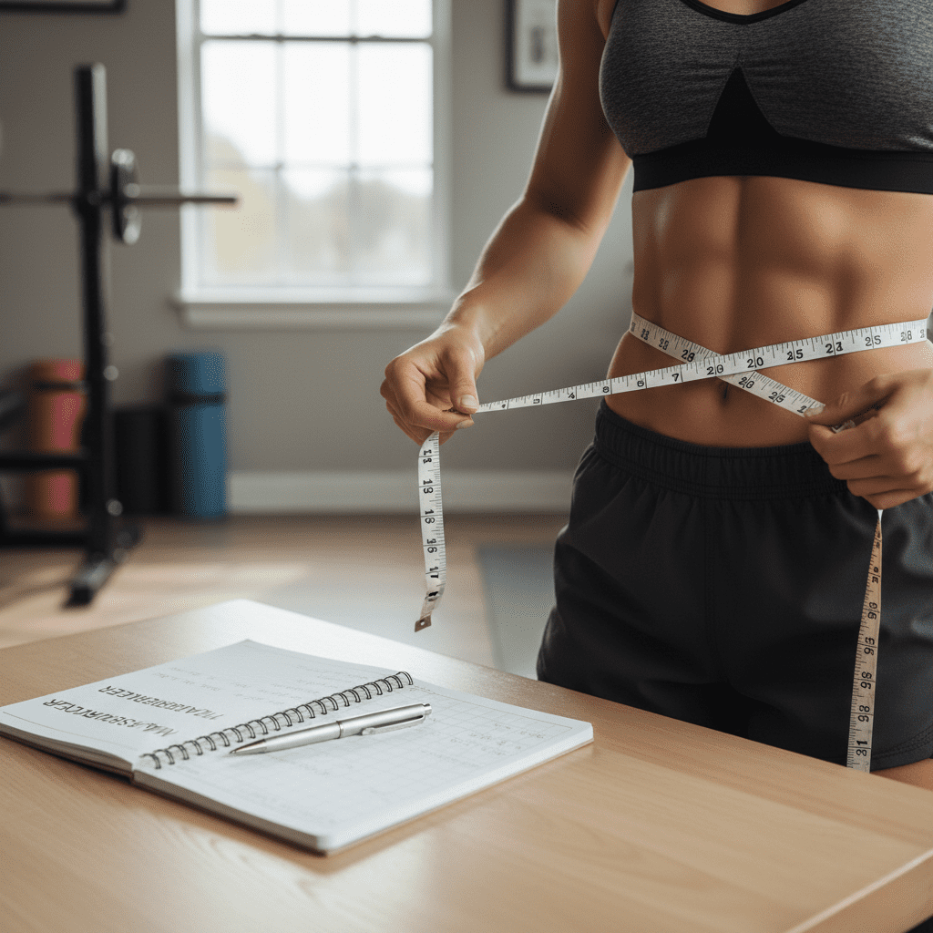 A person using a measuring tape to check their waist circumference while documenting the results in a notebook, highlighting the importance of tracking changes in abdominal measurements.