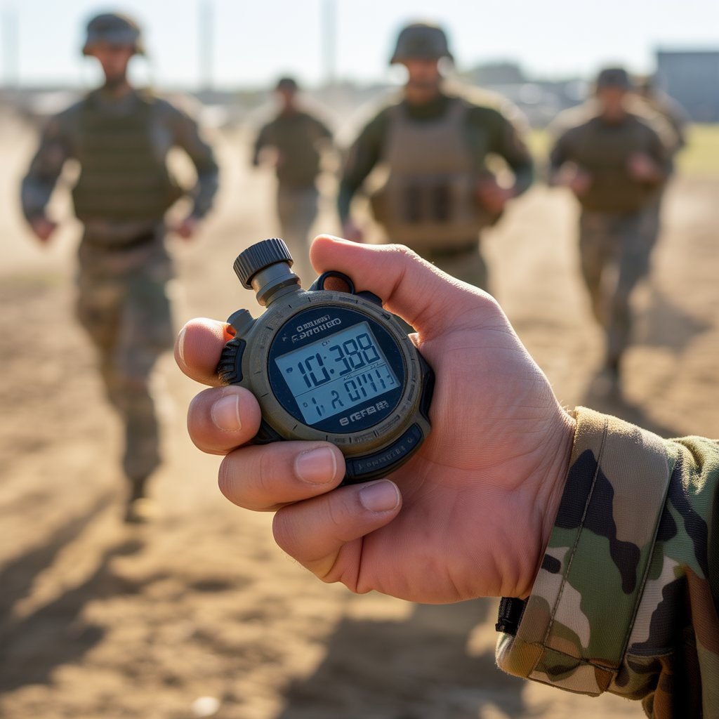 Military trainer timing a run to measure army mile time standards during fitness training.