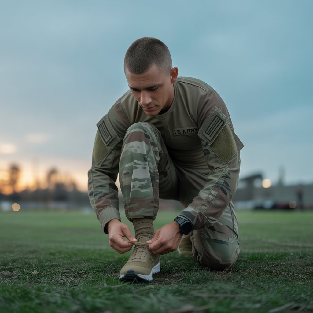 Army soldier preparing for physical fitness test by tying running shoes during early morning training for Army APFT Warm up