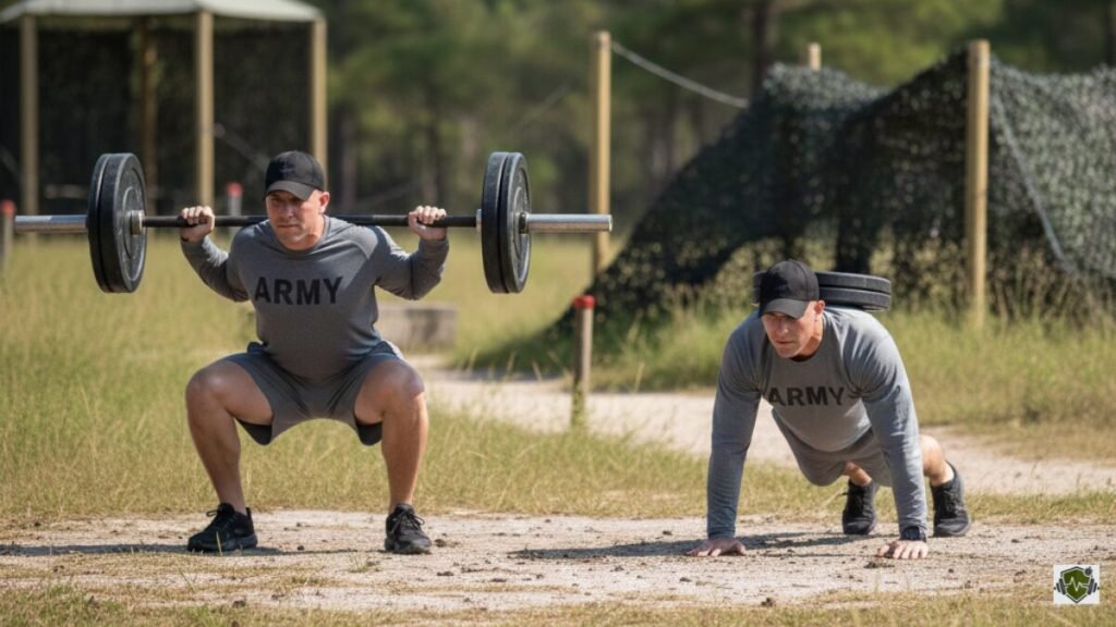 Side view of a male soldier jogging on an outdoor track with a football goalpost in the background, preparing for an Army Two-Mile Run assessment.