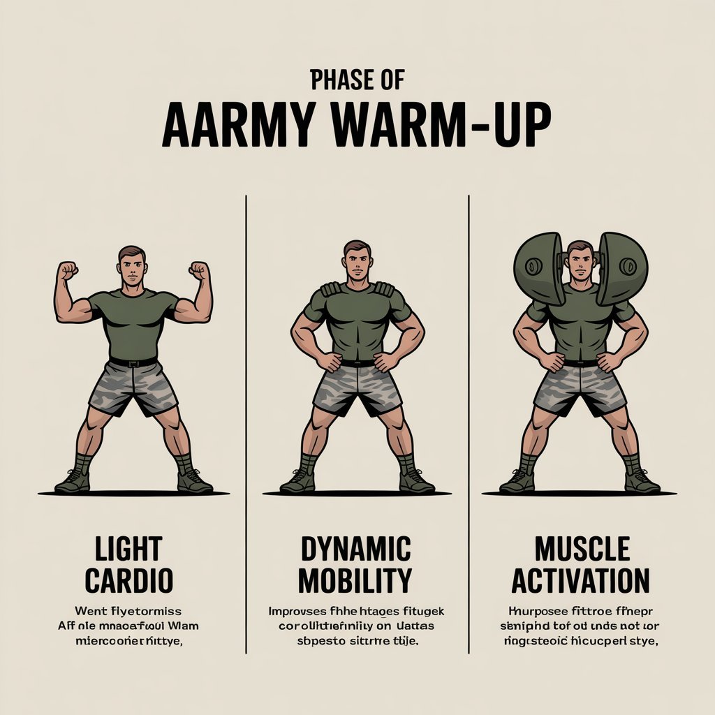 Infographic showing the three phases of an army APFT warm up including cardio mobility and muscle activation