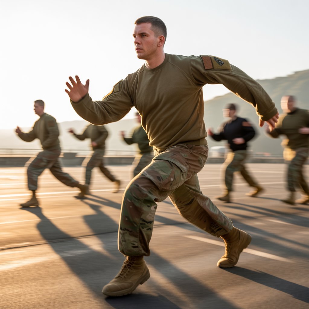 Soldier performing dynamic warm-up exercises as part of an army APFT warm up routine