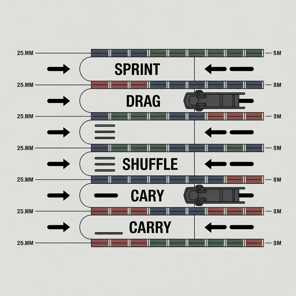 Sprint-Drag-Carry event layout showing all five 50-meter phases