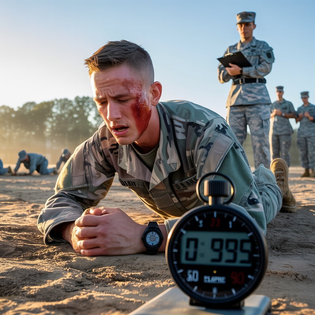 U.S. Army soldier struggling during the Army Fitness Test (AFT) on a military training field, showing physical fatigue and concern about failing the army fitness test requirements.