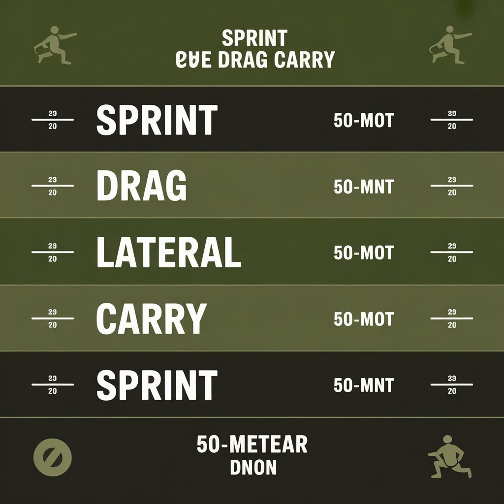 Alt Text:
Infographic showing the 250-meter Sprint Drag Carry layout with all five 50-meter intervals labeled for the ACFT
