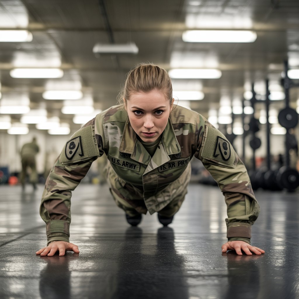 Female Army soldier completing military push-up training session in a military gym..