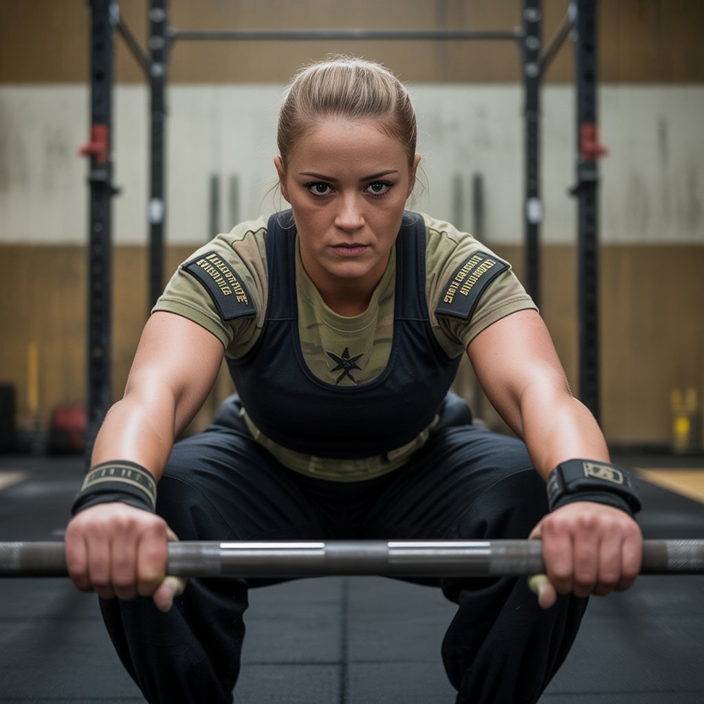 Female U.S. Army soldier preparing for the Army Fitness Test Standards For Females deadlift event in military gym