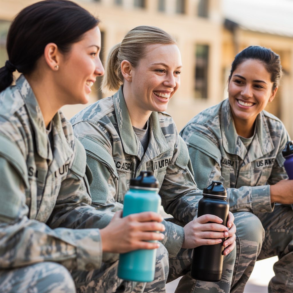 Female soldiers resting together after Army Fitness Test training session on military base

