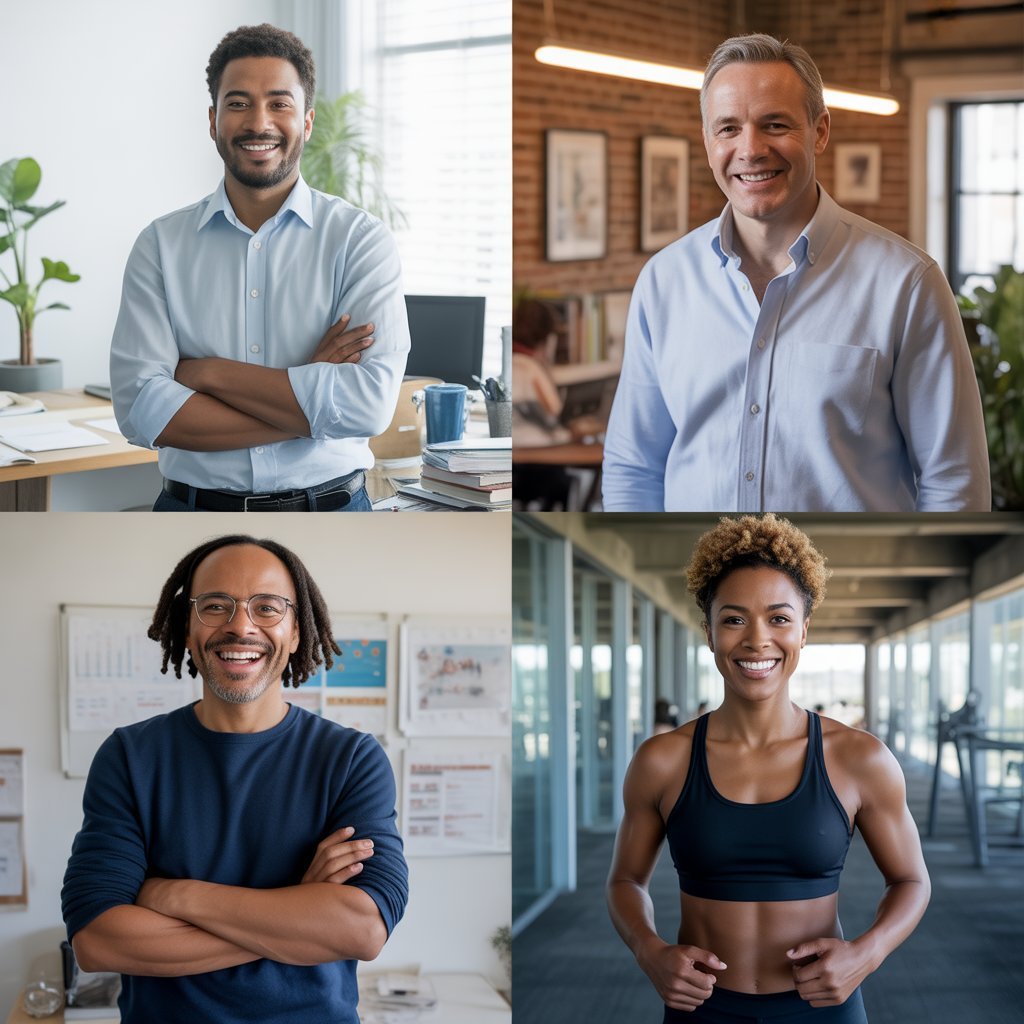 Diverse group of Americans benefiting from regular standing breaks including office workers, remote workers, and older adult